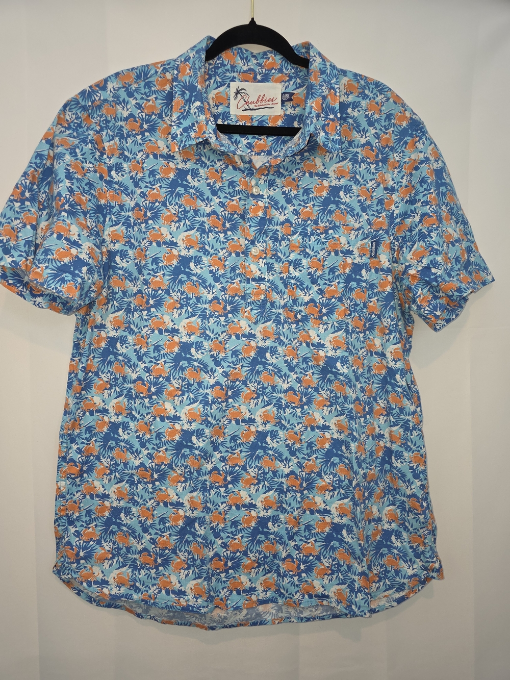 Chubbies Blue and Orange Tropical Print Short-Sleeve Button Down Shirt XL